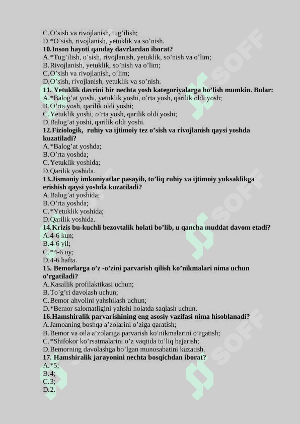TERAPEVTIK KASALLIKLARDA  HAMSHIRALIK PARVARISHI  Kattalarda hamshiralik parvarishi va uning xususiyatlari test javoblari bilan 2