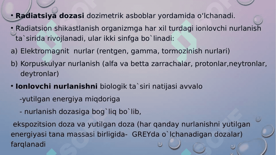 Urush va tinchlik davrida radiatsion zararlanish . Radiatsion zaralanish . Ionlovchi nurlarni asosiy turlari . Nurlanish birligi . Radiatsion nurlarning klinik tasnifi 6