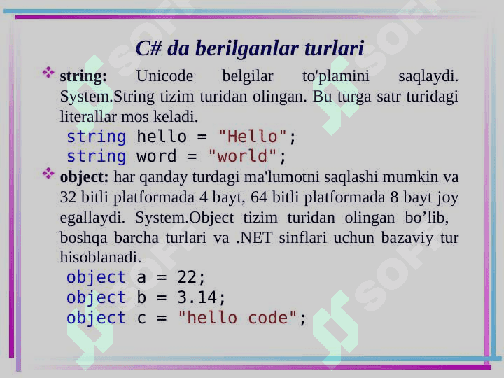 C# da berilganlar turlari 8