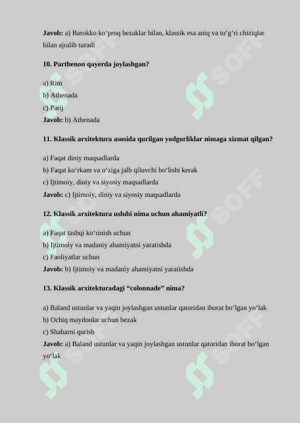 Klassik arxitektura yoʻnalishi boʻyicha 30 ta test savollari  javoblari bilan 3