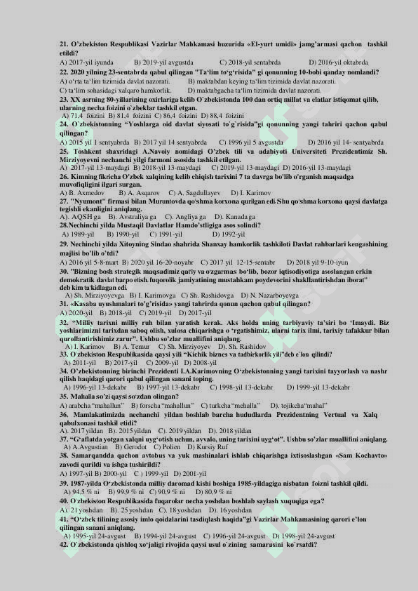 O’ZBEKISTONNING ENG YANGI TARIXI FANIDAN TESTLAR TO’PLAMI 2