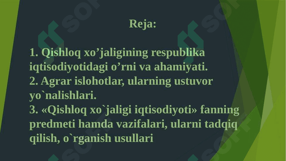 QISHLOQ XOJALIGINING RESPUBLIKA IQTISODIYOTIDAGI ORNI AHAMIYАTI QISHLOQ XOJALIGI IQTISODIYOTI FANINING PREDMETI 2