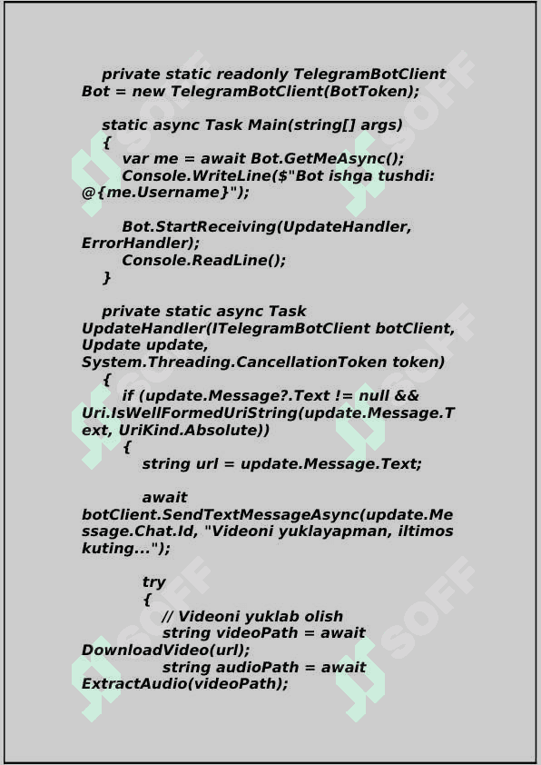 Video silkasi orqali videoni topib uni yuklab beruvchi Telegram Bot uchun Python va C# kod 3