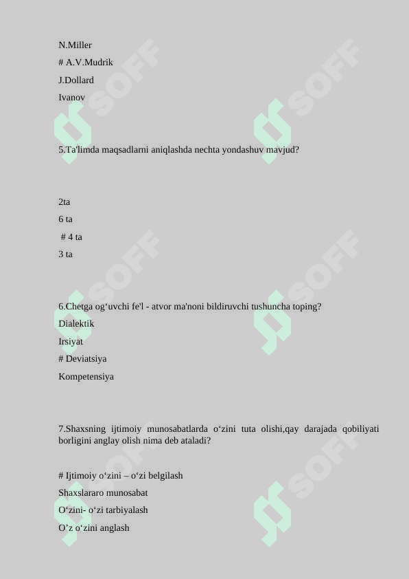 Yunagogika oid testlar, javoblari bilan 2