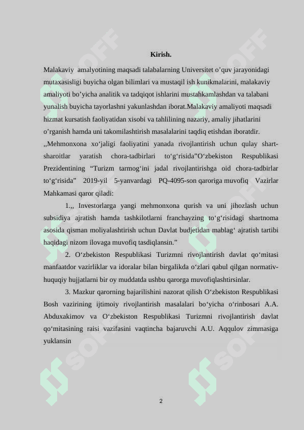 Mehmonxonada o'talgan amaliyot bo`yicha hisobot 2