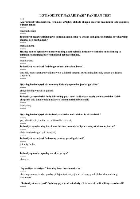 “IQTISODIYOT NAZARIYASI” FANIDAN TEST