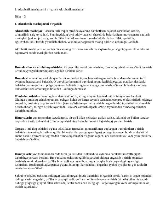Akrabatik mashqlarini o’rgatish Akrobatik mashqlar