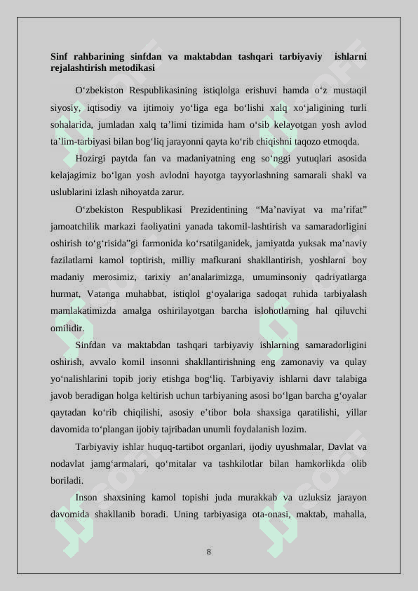 SINF RAHBARI ISHINI REJALASHTIRISH METODIKASI 8