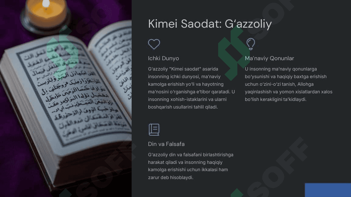 Abu Nasr Forobiy va G‘azzoliyning falsafa ilmiga oid qarashlarini qiyosiy tahlil etish (Farobiyning Siyosat falsafasi va G‘azzoliyning Kimei saodat asarlari asosida); Yevropa mutafakkirlari Platon, Betsiy, R.Dekart, D.Yumning falsafga oid qarashlarini qiyosiy taxlili etish va fikrlarga izox berish, Sharq  va g‘arb mutafakkirlari qarashlaridagi farq va o‘zaro aloqalarni asoslash 4