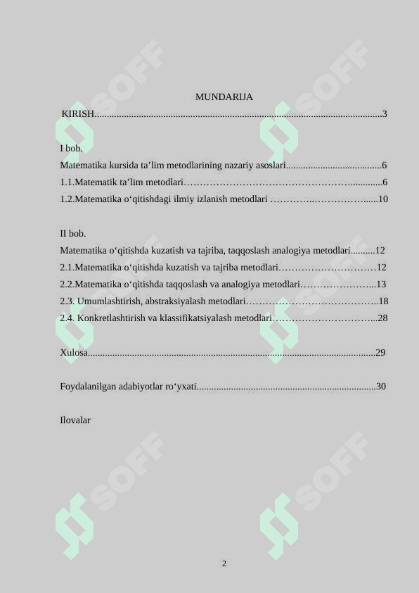 “MATEMATIKA O‘QITISHNI LOYIHALASHTIRISH VA O‘QITUVCHINING DARSGA TAYYORLANISHI  SISTEMASI, DARS TAHLILI” 2