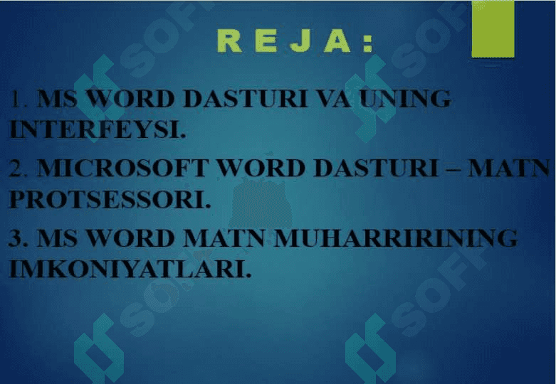 Matnli hujjat muharrirlari. Word matn protsessori (TAQDIMOT) 2
