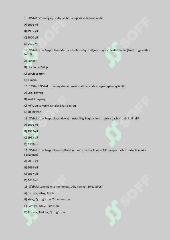O‘zbekistonning Eng Yangi Tarixi – 200 Talik Test To‘plami 3