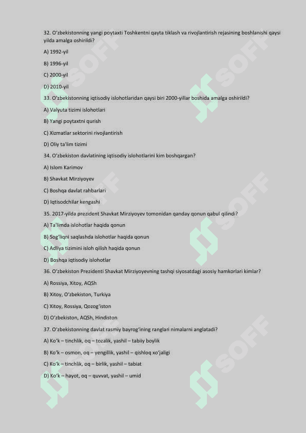 O‘zbekistonning Eng Yangi Tarixi – 200 Talik Test To‘plami 6