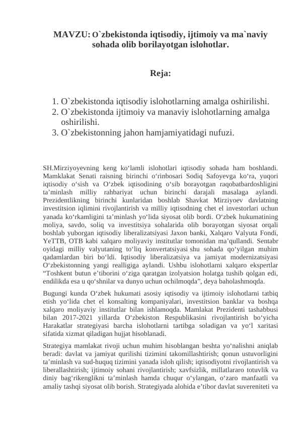 Oʼzbekistonda iqtisodiy, ijtimoiy va manaviy sohada olib borilayotgan islohotlar.