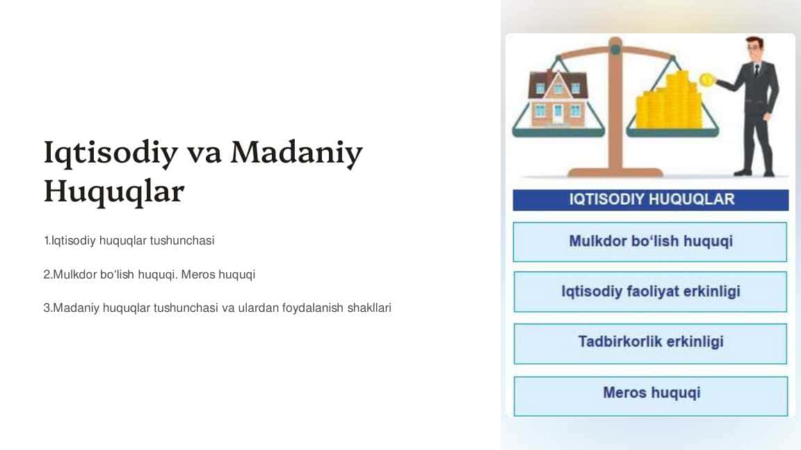Iqtisodiy va Madaniy huquqlar mavzusi bo'yicha slayd va krossword