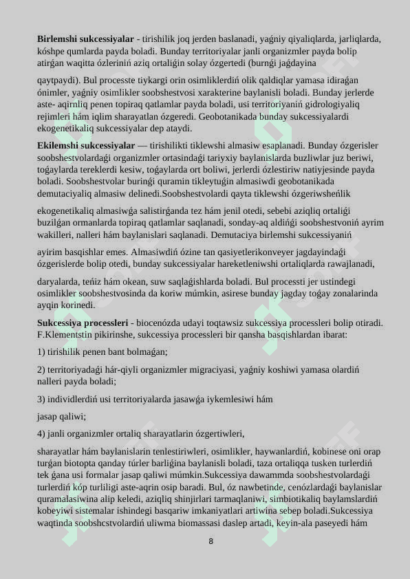 Ekosistemaniń ózgeriwi  hám sukcessiya hádiysesi. 8