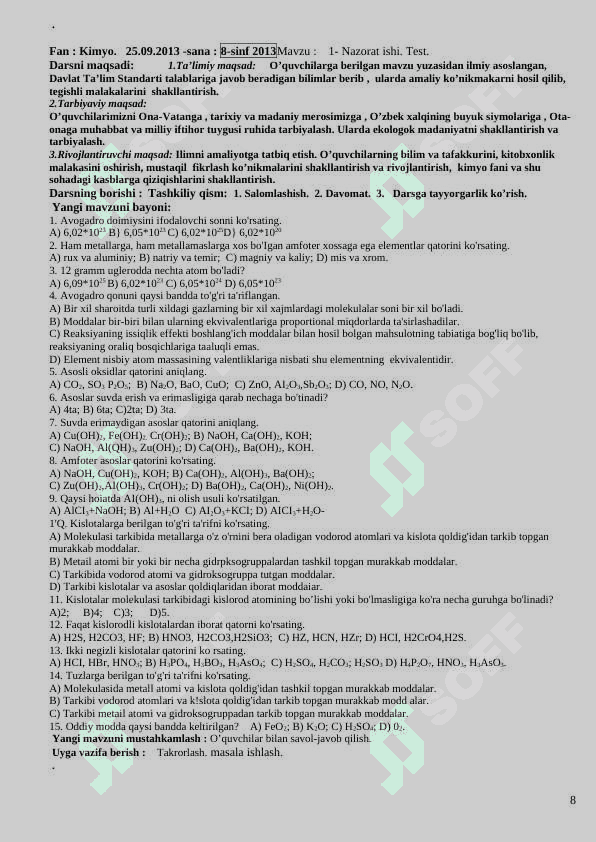 8-sinf kimyo konspekt dars uchun 8
