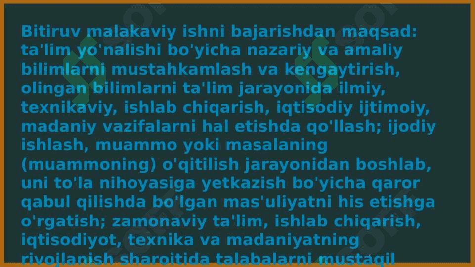 Bitiruv malakaviy ishlar maqsadi va vazifalari, bitiruv malakaviy ishlarga qo'yilgan  ilmiy, metodik va texnik talablar.  Bitiruv malakaviy ish himoyasi. Taqdimotlarni tayyorlash uchun zarur metodik va texnik talablar. 3