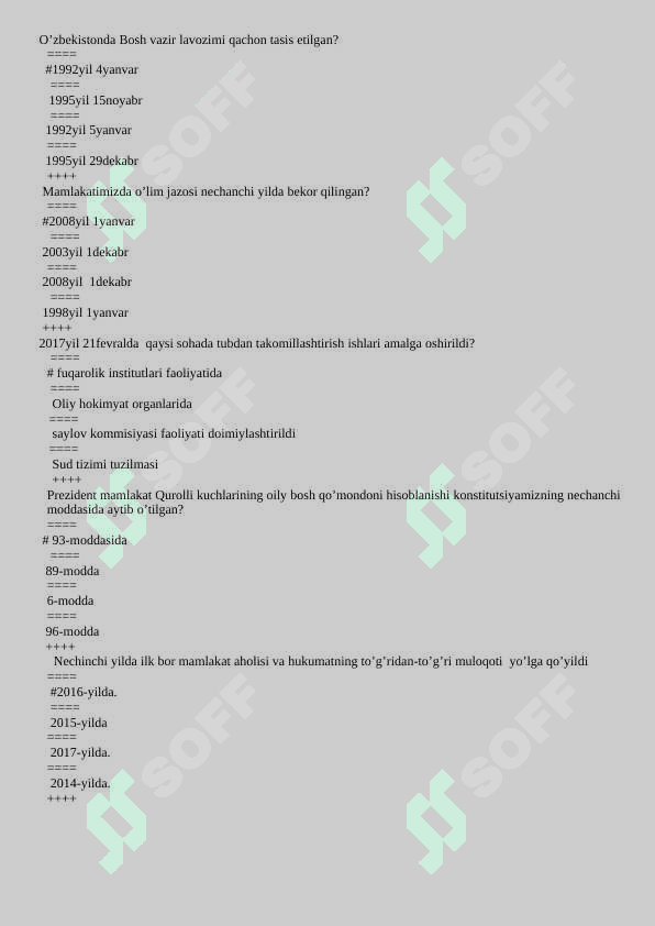 O`zbekistonning eng yangi tarixi fanidan test savollari va javoblari 2