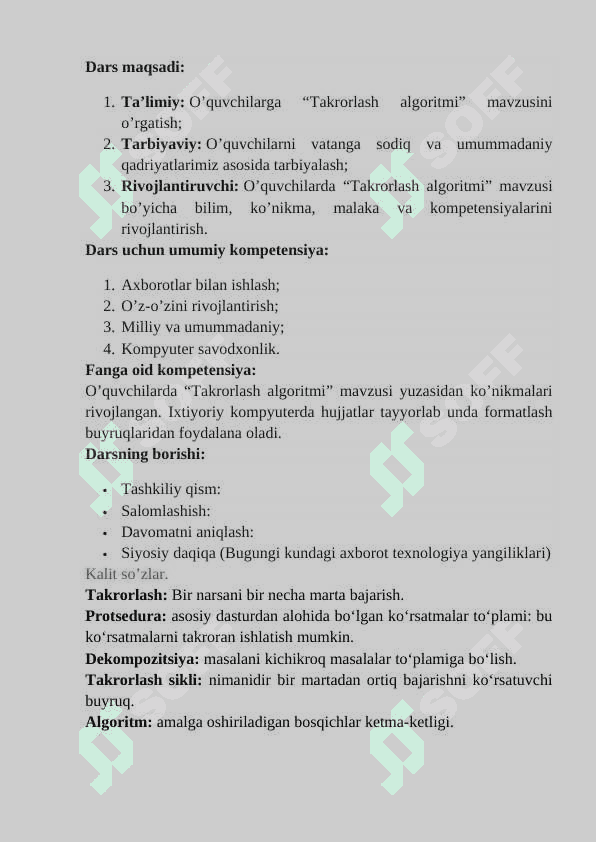 6-sinf informatika Takrorlash algoritm dars ishlanma 2