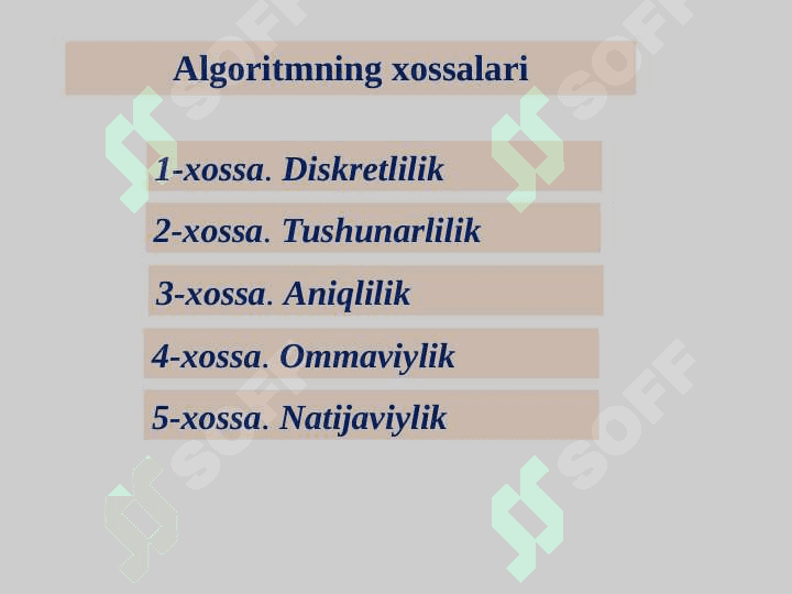Algoritm, algoritmning berilish usullari, xossalari va turlari 6
