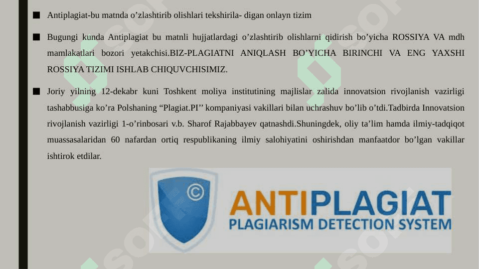 Antiplagiat dasturlari lokal va global(xorijiy va respublika) plagiat uchun javobgarlik. 3