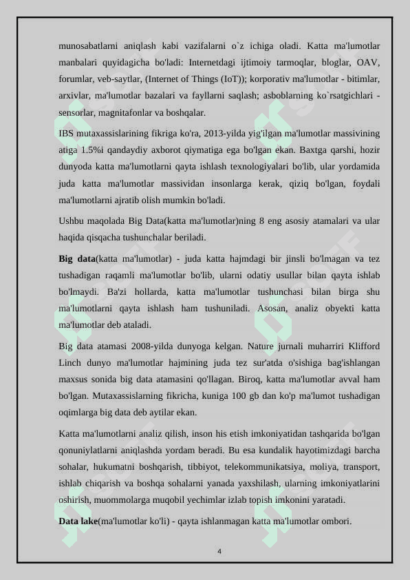 BigData asoslangan raqamli texnologiyalar. Referat 4