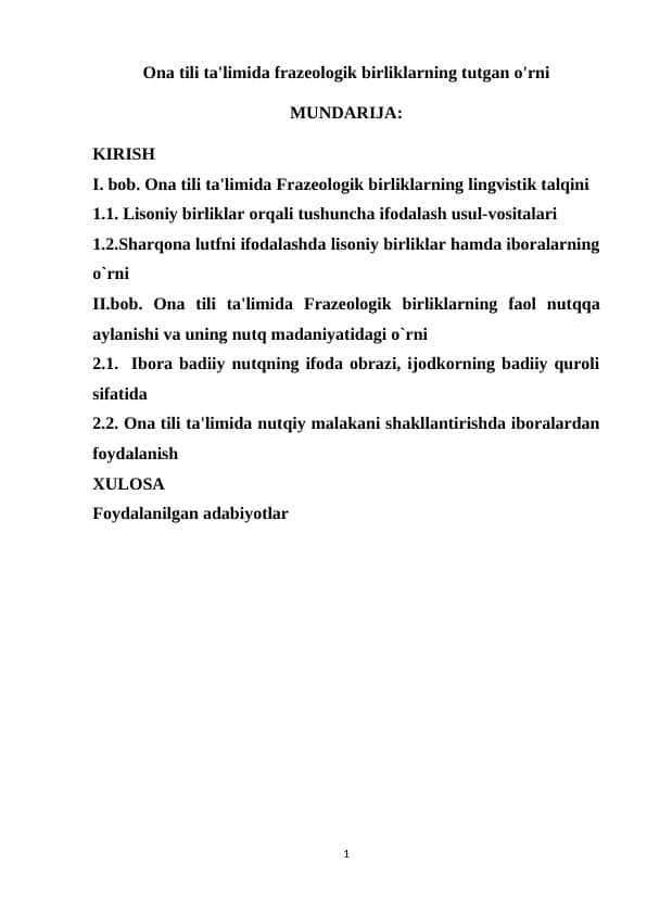 Ona tili ta'limida frazeologik birliklarning tutgan o'rni