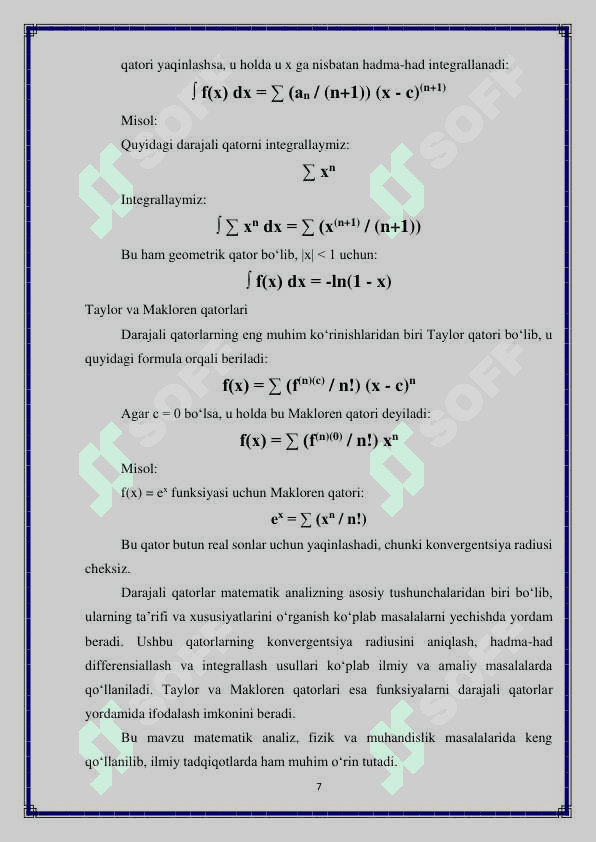 Darajali qatorni hadma had diffrensiallash va integrallash 7