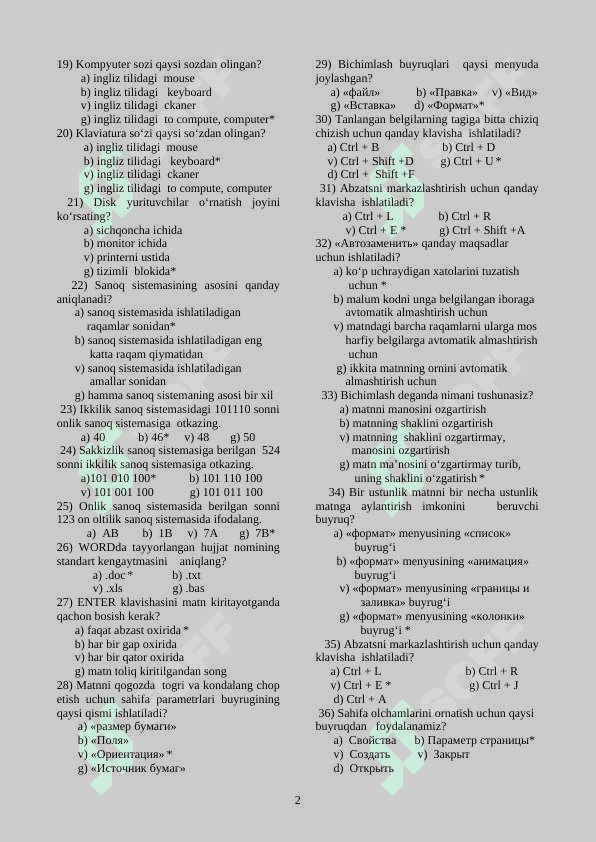 Informatika test javoblari bilan 2
