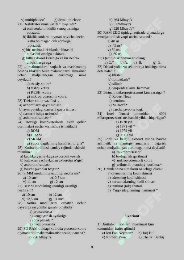 Informatika test javoblari bilan 8