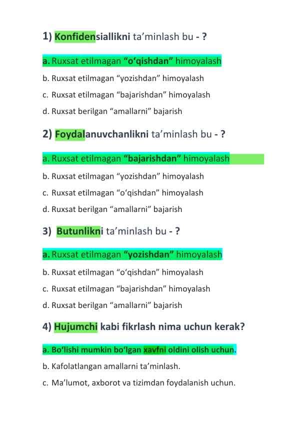 Kiberxavfsizlikdan test 210 ta test javobi bilan