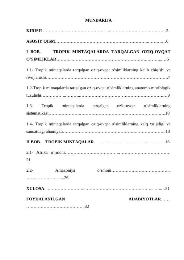 TROPIK MINTAQALARDA TARQALGAN OZIQ OVQAT O‘SIMLIKLARI