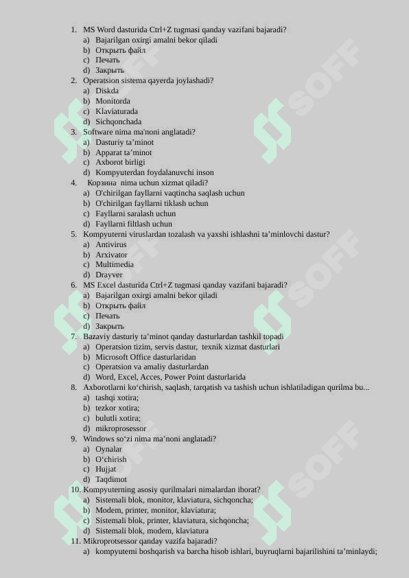 Kompyuter ta'minoti test javobi bilan 200ta 2