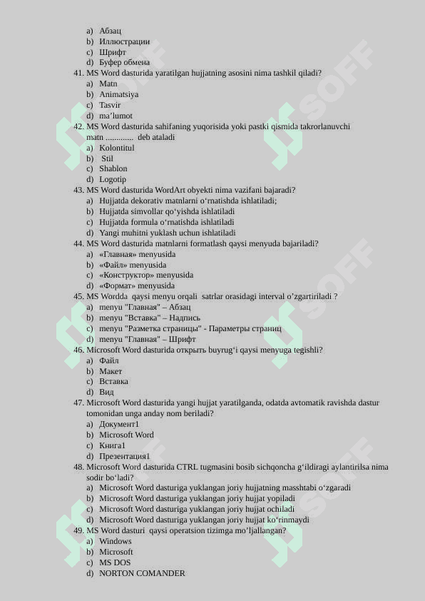 Kompyuter ta'minoti test javobi bilan 200ta 6