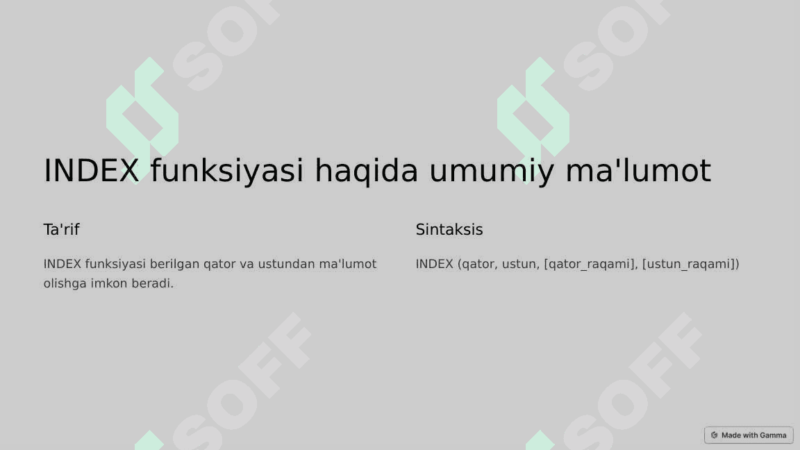 Excelda INDEX va MATCH funksiyalari 2