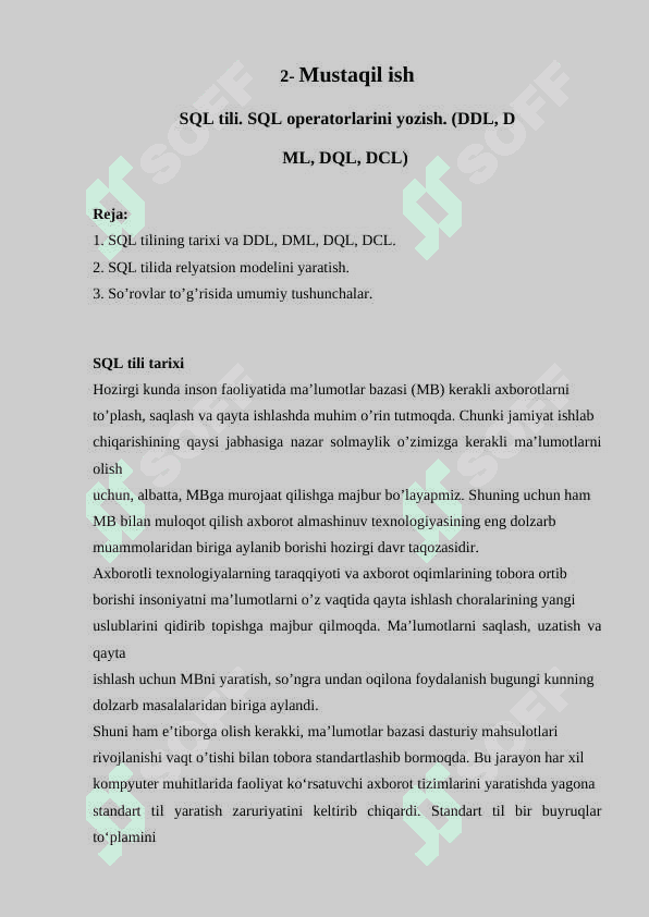 SQL tili. SQL operatorlarini yozish. (DDL, D ML, DQL, DCL) 2