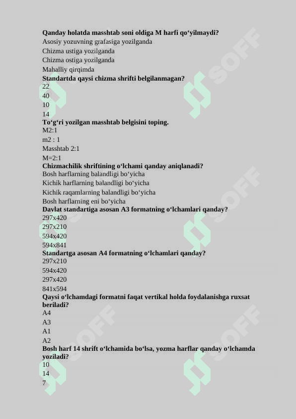 CHIZMACHILIK fanidan test savollari 200 ta 2
