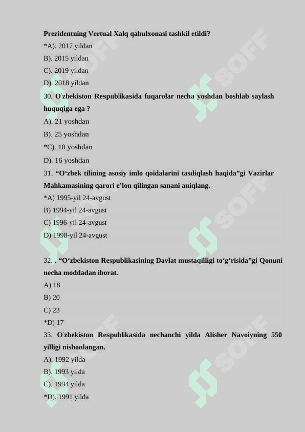 Test O’zbekistonning eng yangi tarixi 7