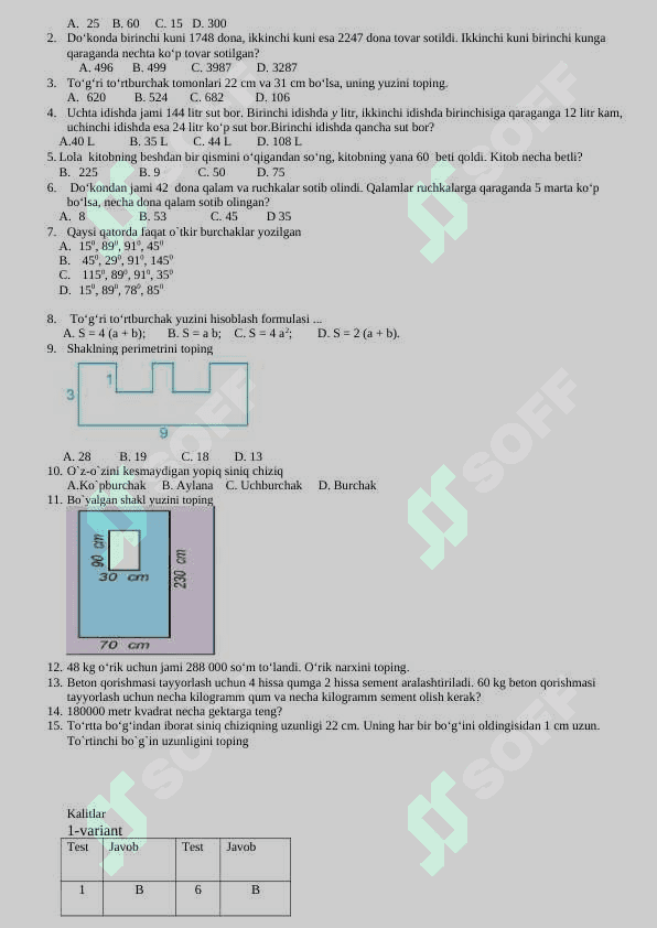5-sinf matematika fanidan monitoring testi 2