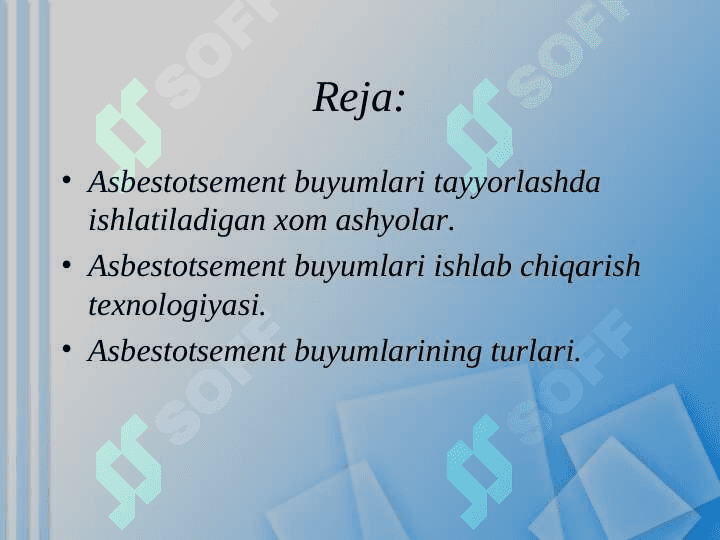 Asbestotsement buyumlari tayyorlashda ishlatiladigan xom ashyolar. Asbestotsement buyumlari ishlab chiqarish texnologiyasi. Asbestotsement buyumlarining turlari 2
