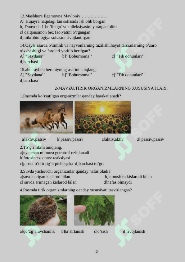 5-SINF BIOLOGIYA DARSLIGI ASOSIDA MAVZULASHTIRILGAN TESTLAR 3