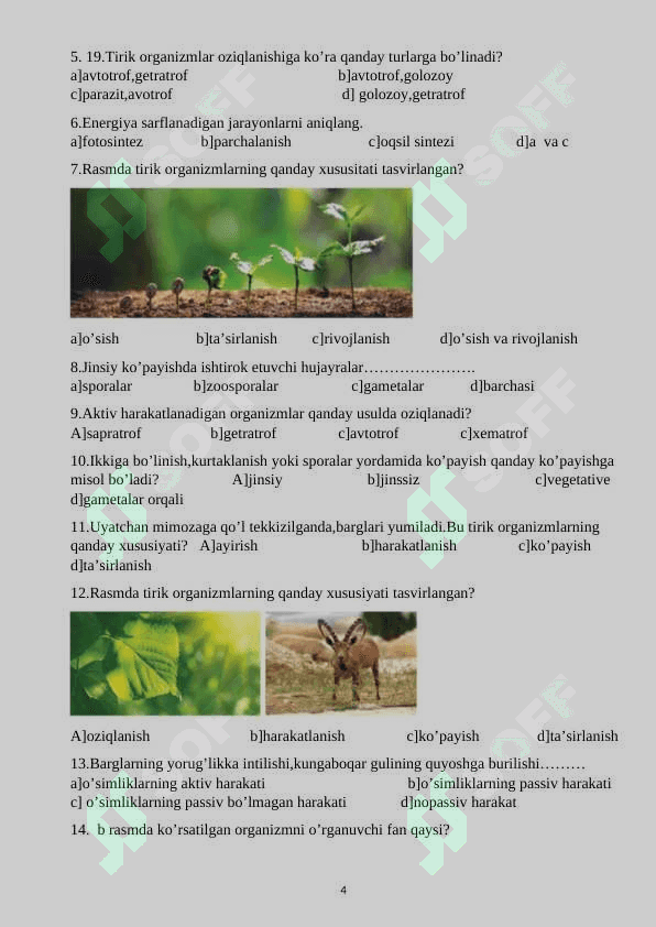 5-SINF BIOLOGIYA DARSLIGI ASOSIDA MAVZULASHTIRILGAN TESTLAR 4