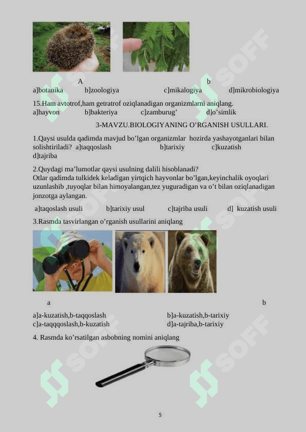 5-SINF BIOLOGIYA DARSLIGI ASOSIDA MAVZULASHTIRILGAN TESTLAR 5