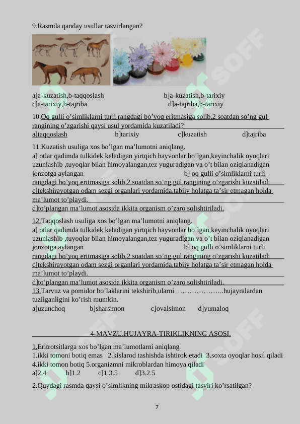 5-SINF BIOLOGIYA DARSLIGI ASOSIDA MAVZULASHTIRILGAN TESTLAR 7