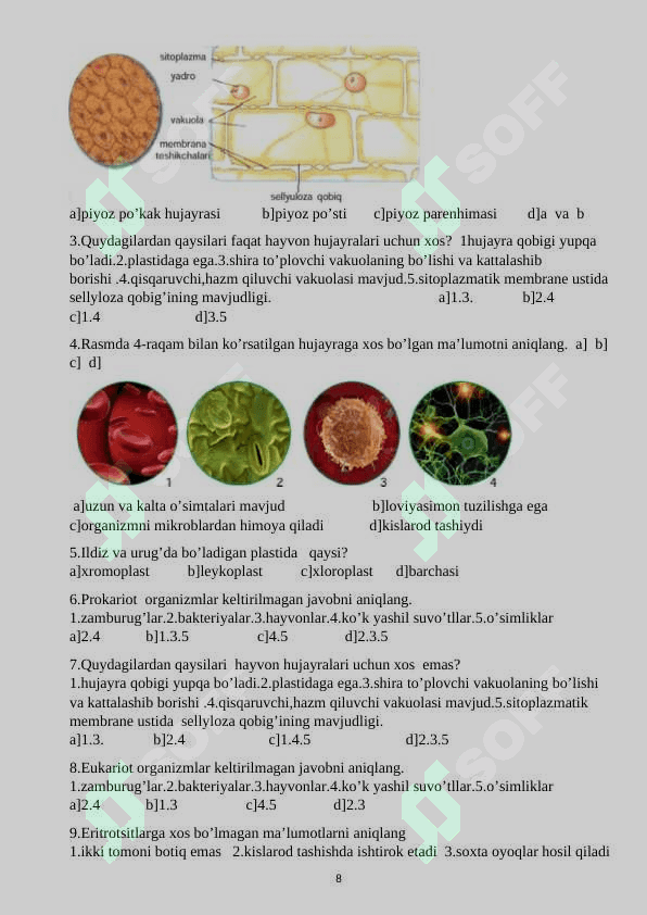 5-SINF BIOLOGIYA DARSLIGI ASOSIDA MAVZULASHTIRILGAN TESTLAR 8