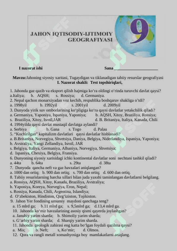 9-sinf geografiya nazorat ishi 2