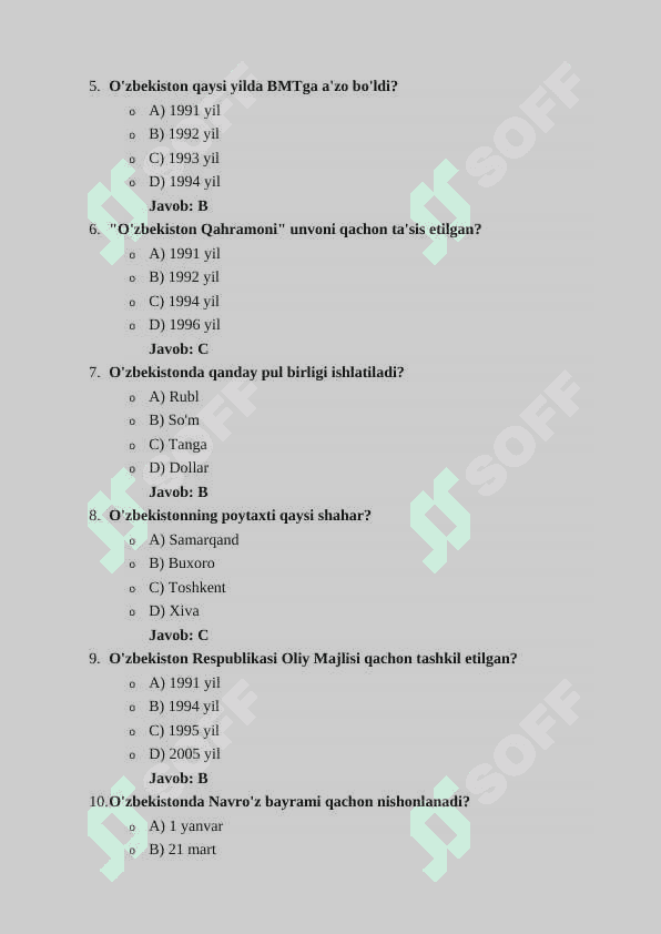 O'zbekistonning eng yangi tarixi fanidan 50 talik test 2