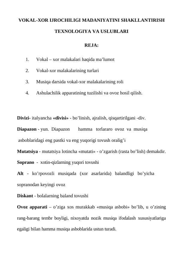 VOKAL-XOR IJROCHILIGI MADANIYATINI SHAKLLANTIRISH TEXNOLOGIYA VA USLUBLARI
