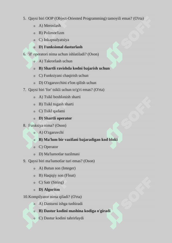 IT DASTURLASH TEST SAVOLLARI 100TA TEST 2